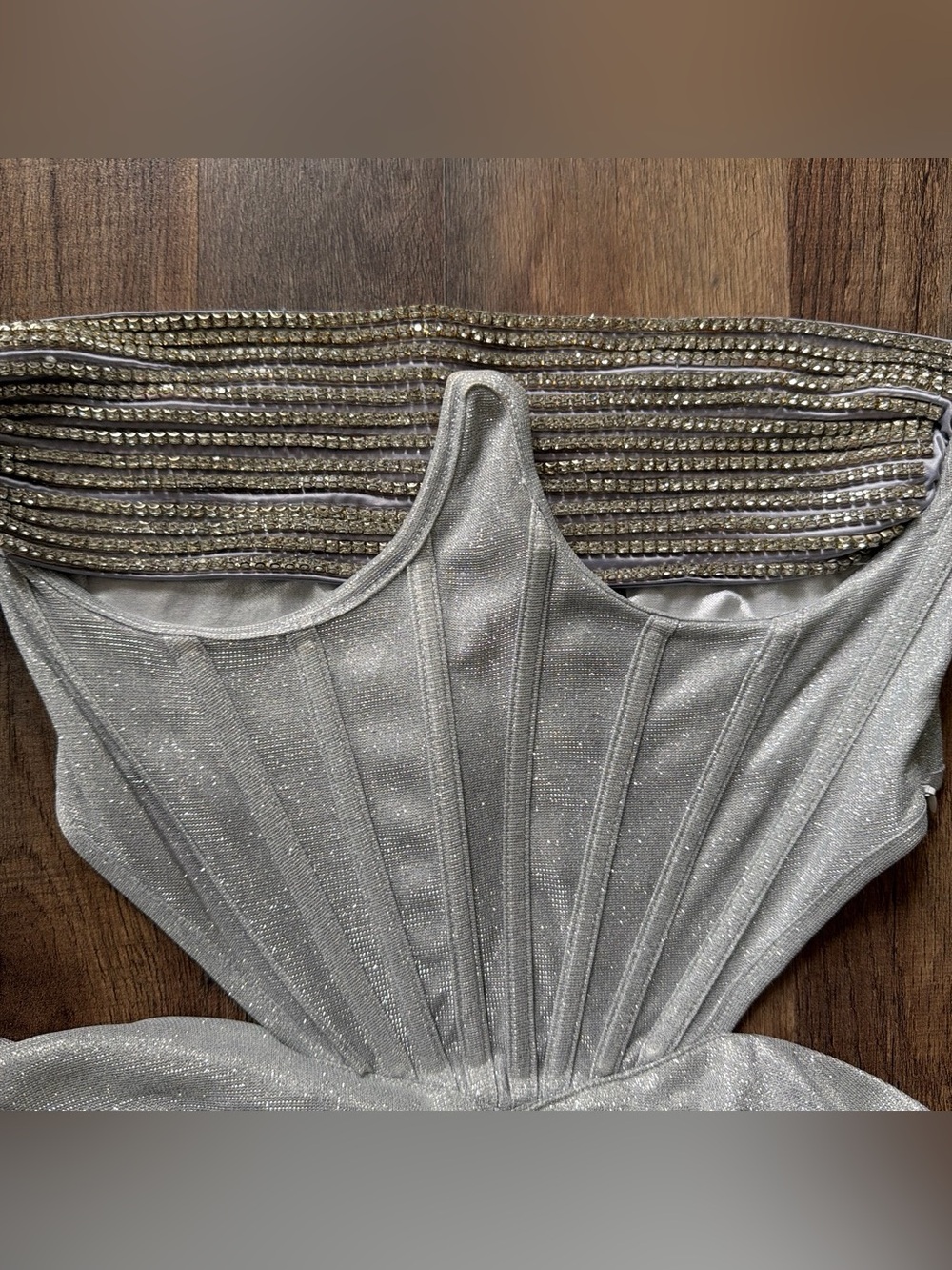 PrettyLittleThing Silver Shimmer Corset Dress with Embellished Waist